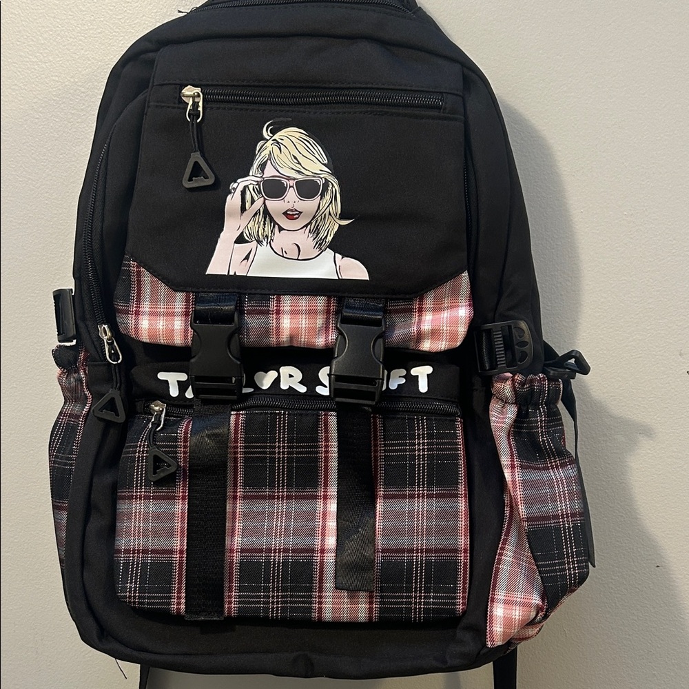 Preppy Stylish Black and Pink/red Plaid Backpack Unbranded